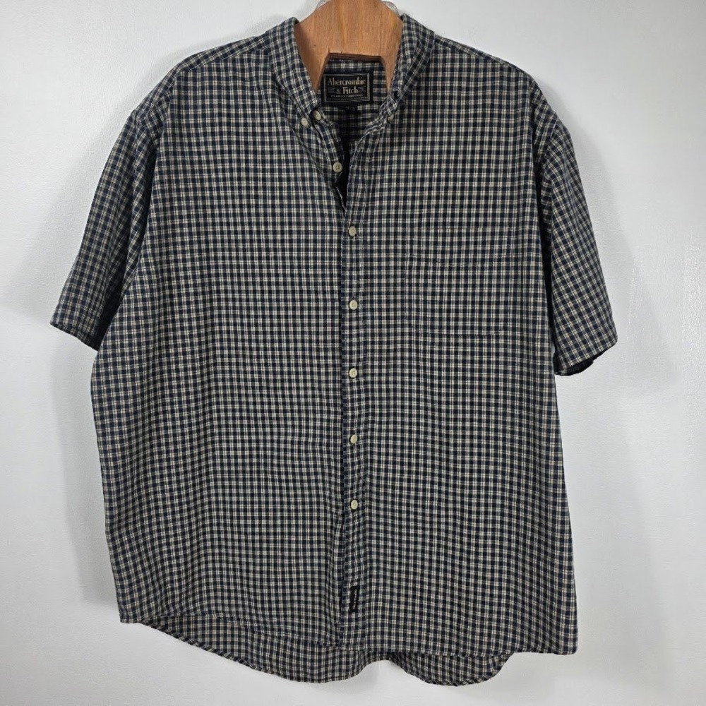 Abercrombie & Fitch Button‎ Down Mens XL Navy Tan Plaid Short Sleeve Shirt